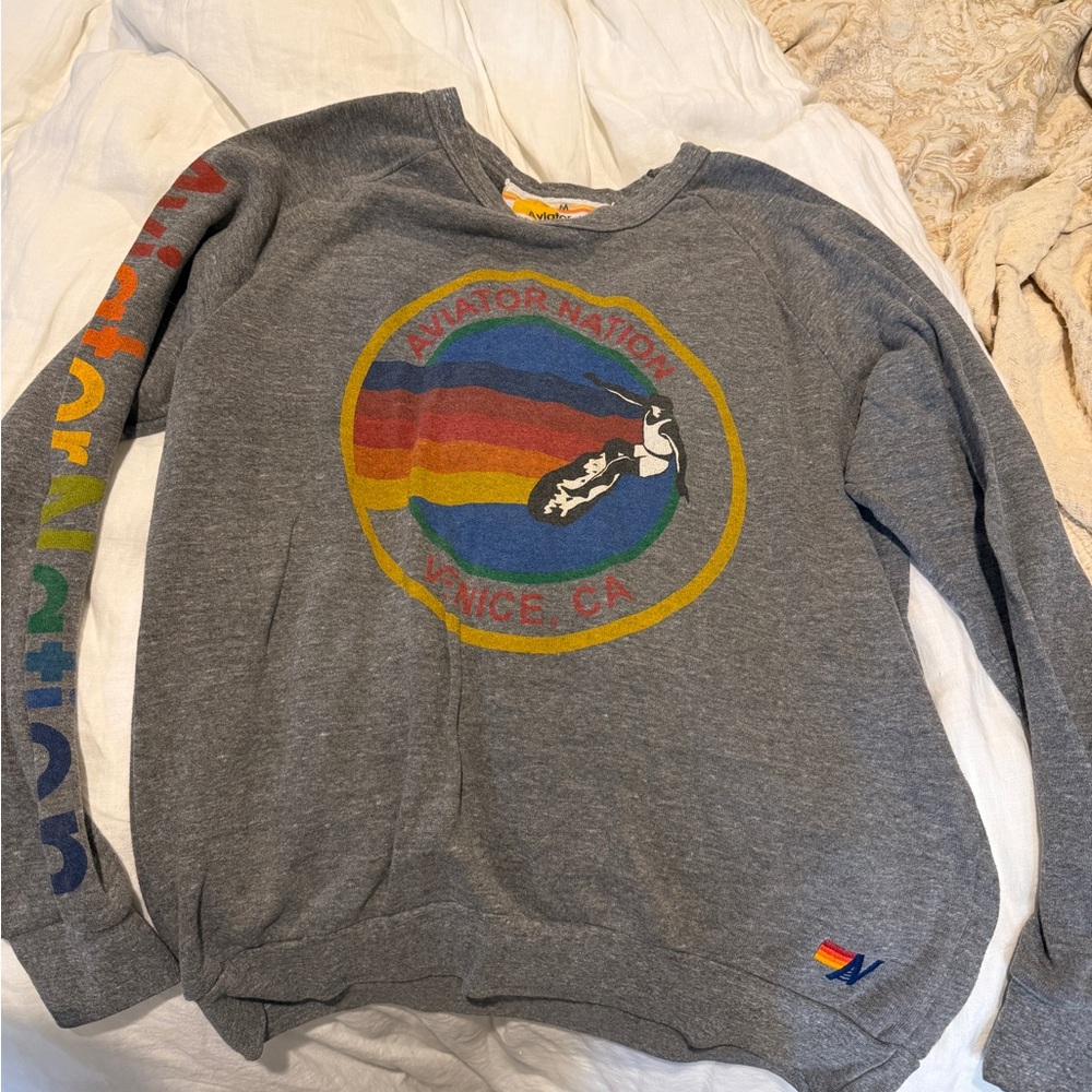 Aviator Nation Gray Crewneck with Rainbow Graphic and Sleeve Lettering